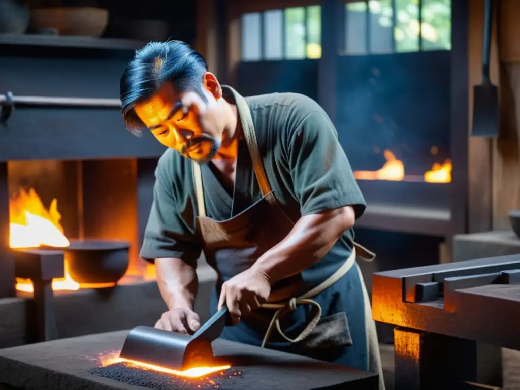 Un herrero japonés moldea hierro caliente con herramientas tradicionales en una forja japonesa, mostrando arte y precisión en su trabajo