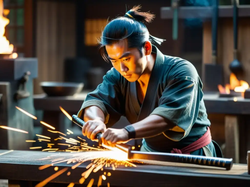 Un herrero japonés meticulosamente forja una katana en una fragua, capturando la esencia de la fabricación ritual de la espada samurái