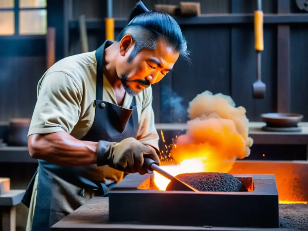 Un herrero japonés moldea metal al rojo vivo en su fragua, con humo y un intenso brillo naranja