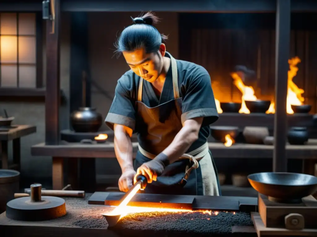 Un herrero japonés forja con precisión una katana en su taller, rodeado de vapor y brasas incandescentes