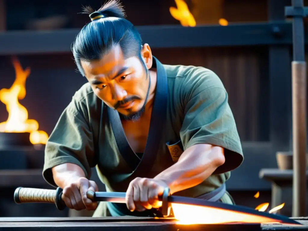 Un herrero japonés tradicional forjando una espada katana, con la intensa luz de la forja iluminando su expresión enfocada