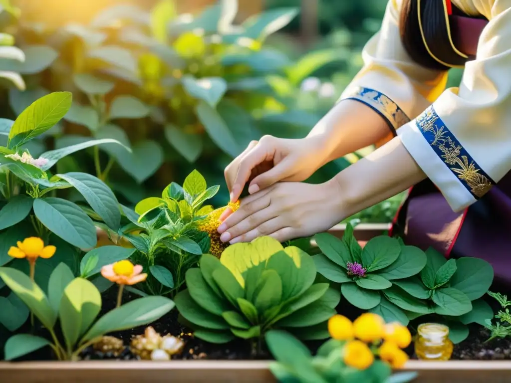 Jardín de Hierbas Medicinales Coreanas: Sabiduría Natural Jardín de hierbas medicinales coreanas bañado en luz dorada, resaltando sus texturas e historia milenaria