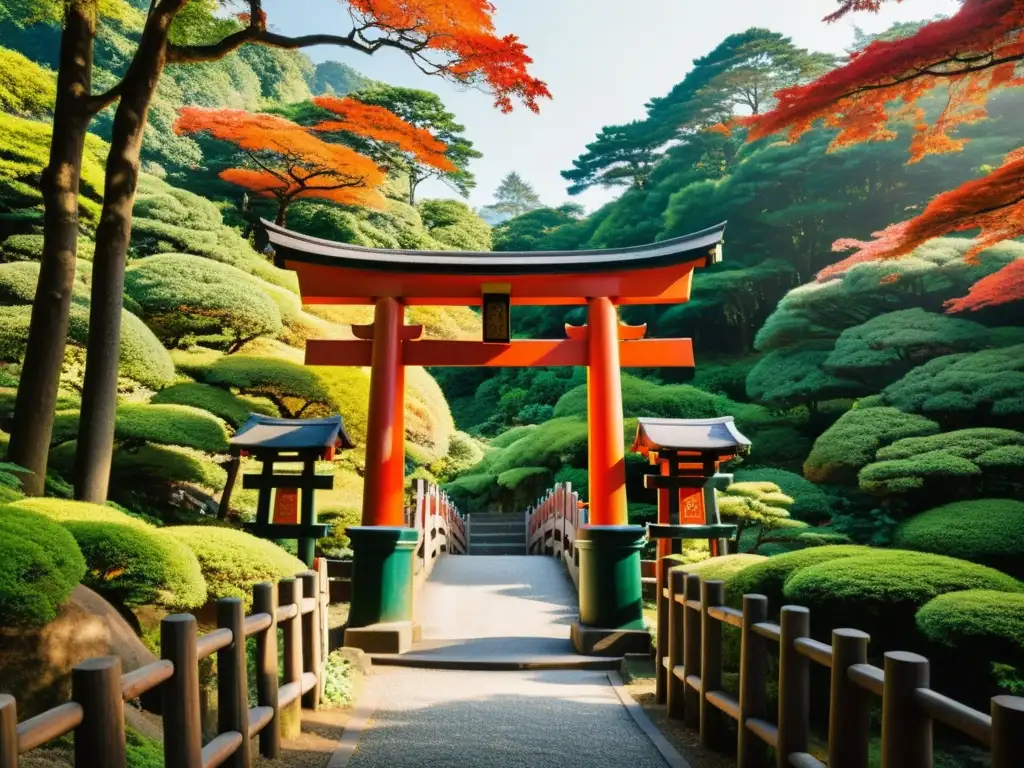 Una hilera de torii japoneses con intrincados diseños y vibrante pintura rojo-naranja, rodeados de exuberante vegetación y árboles de cedro