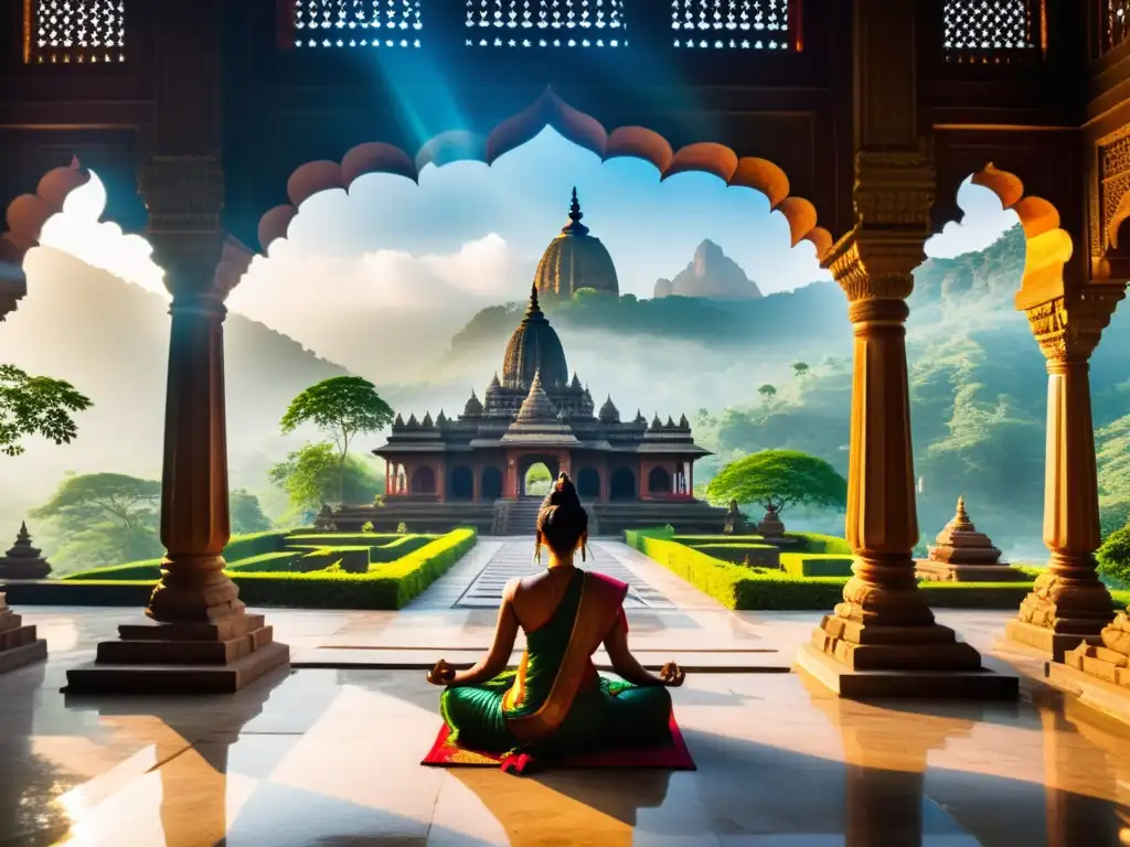 Moksha en el hinduismo: Templo sereno en India con rituales y montañas neblinosas