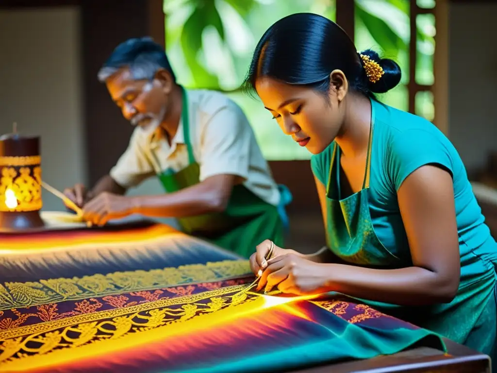 Historia del batik indonesio: Artesanos aplicando patrones con cuidado y precisión en tela, iluminados por el cálido resplandor del proceso de teñido