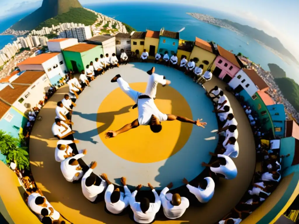 Historia de la Capoeira en Brasil: Capoeiristas en una roda en una vibrante favela, mostrando agilidad y destreza en movimiento