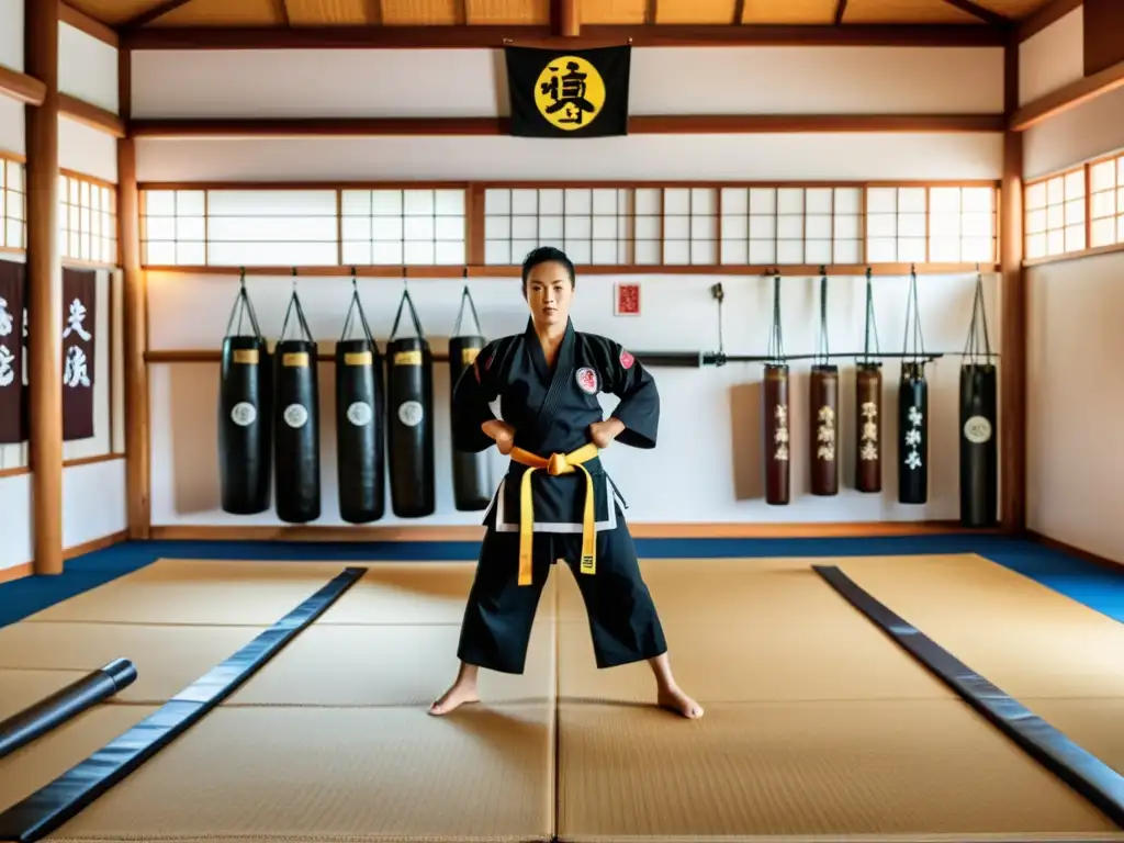 Historia del karate en Okinawa: Imagen de un dojo tradicional con estudiantes practicando katas bajo la guía de un sensei y adornos históricos