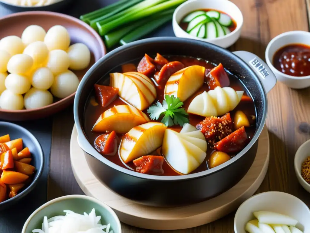 Historia y receta del Tteokbokki: Imagen detallada de un delicioso potaje humeante, rodeado de platillos coreanos y una atmosfera tradicional