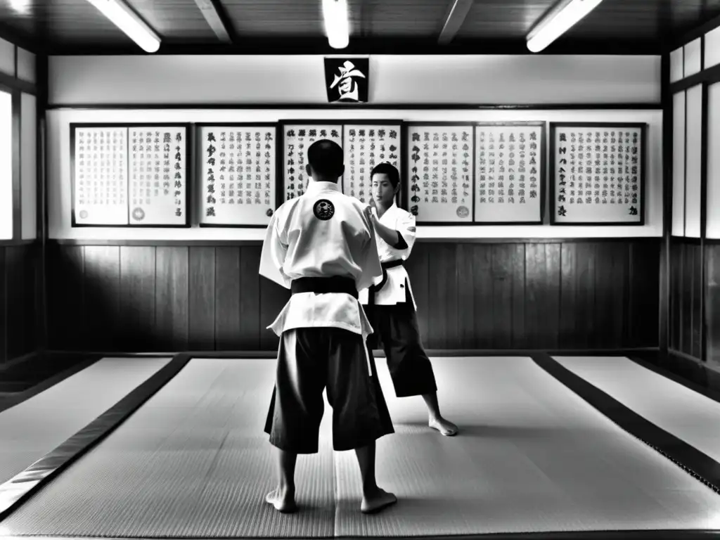 Historia del karate en Okinawa: Sensei y estudiantes practican kata con precisión en un dojo tradicional, lleno de tradición y disciplina