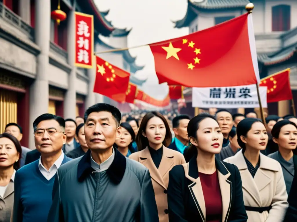 Manifestación histórica en China durante la transición de dinastías a república, con emociones diversas y arquitectura icónica