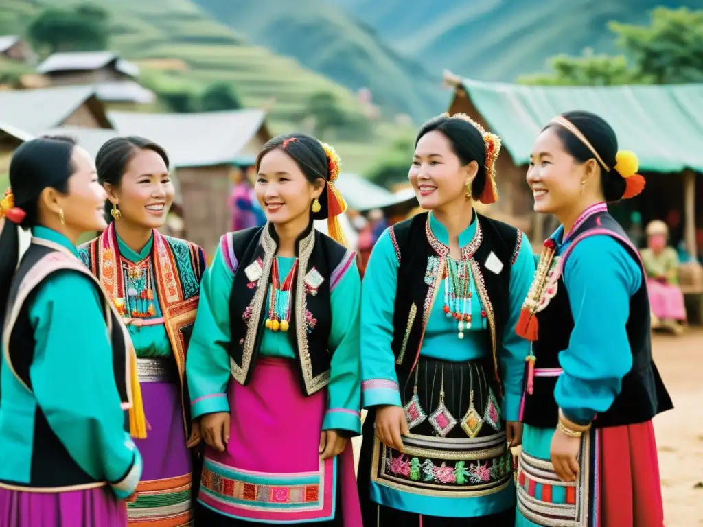 Hmong mujeres en vestimenta tradicional, compartiendo en mercado remoto, reflejando orgullo y significado cultural