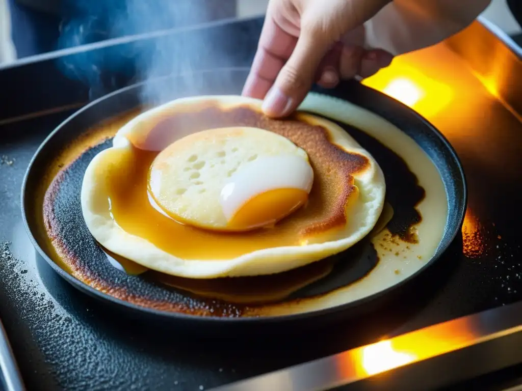 Un hoddeok coreano dulce se cocina en una plancha caliente, con su exterior dorado y crujiente, relleno de azúcar que se desborda