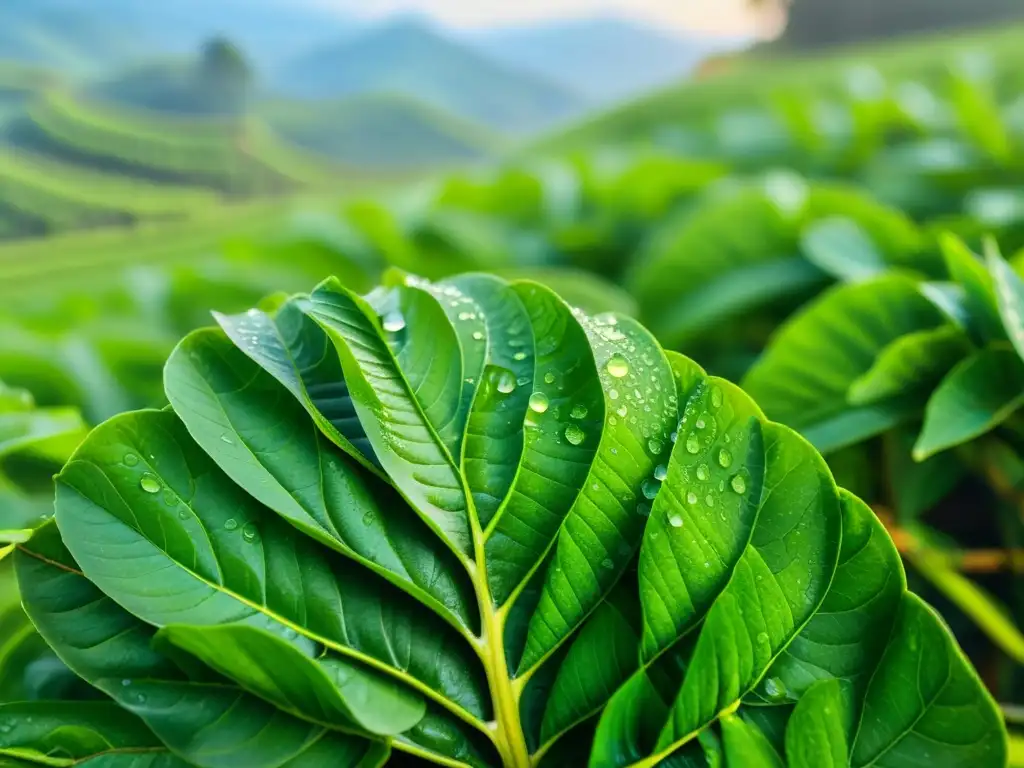 Una hoja de té verde con detalles intrincados y gotas de rocío, en una plantación asiática