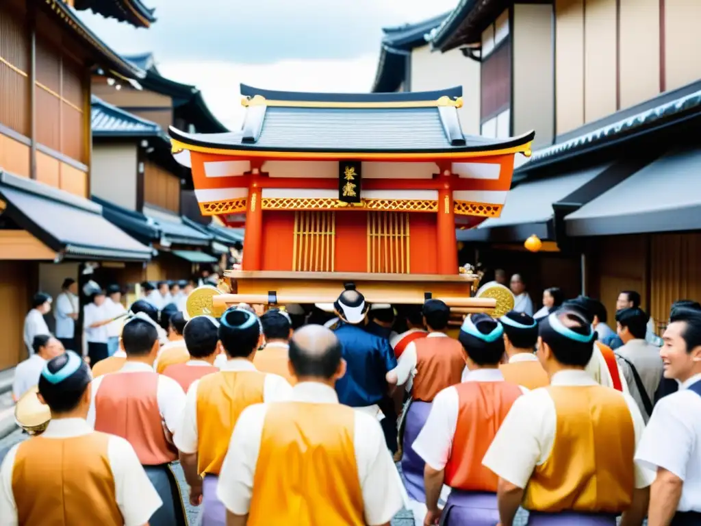 Hombres llevando un mikoshi en el Festival Gion Matsuri de Kioto, transmitiendo energía y espiritualidad japonesa