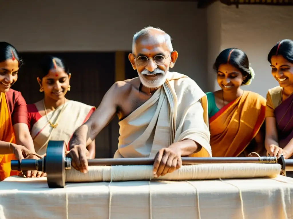 Mahatma Gandhi hilando khadi con hombres y mujeres, reflejando la lucha por la libertad y la influencia en la moda india