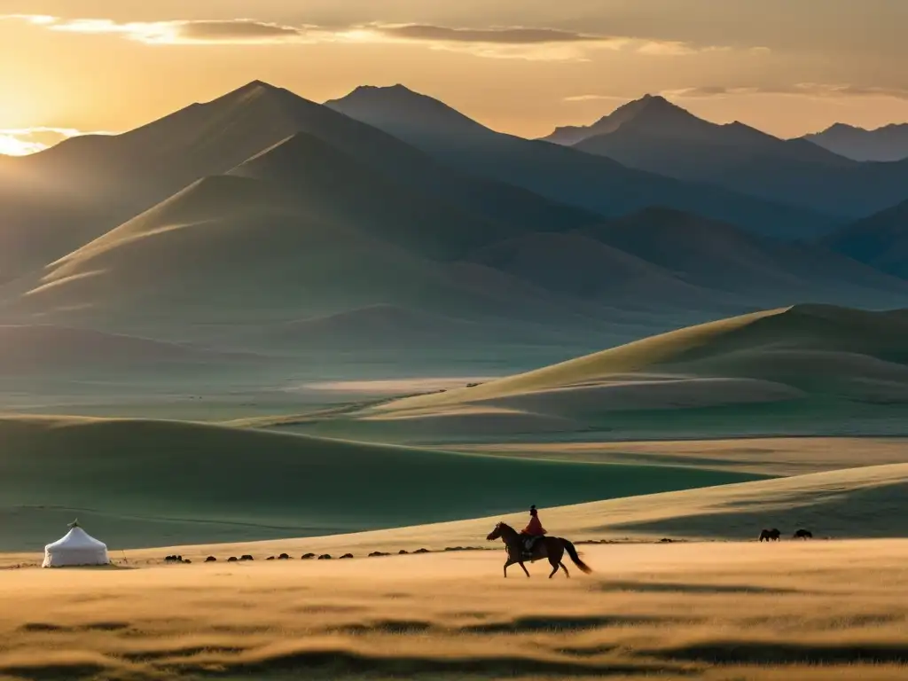 Horizonte de la estepa mongola al atardecer, con figura a caballo yurts al fondo