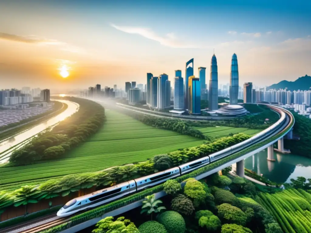 Horizonte urbano en Asia con rascacielos, paneles solares, tren de alta velocidad y atardecer dorado