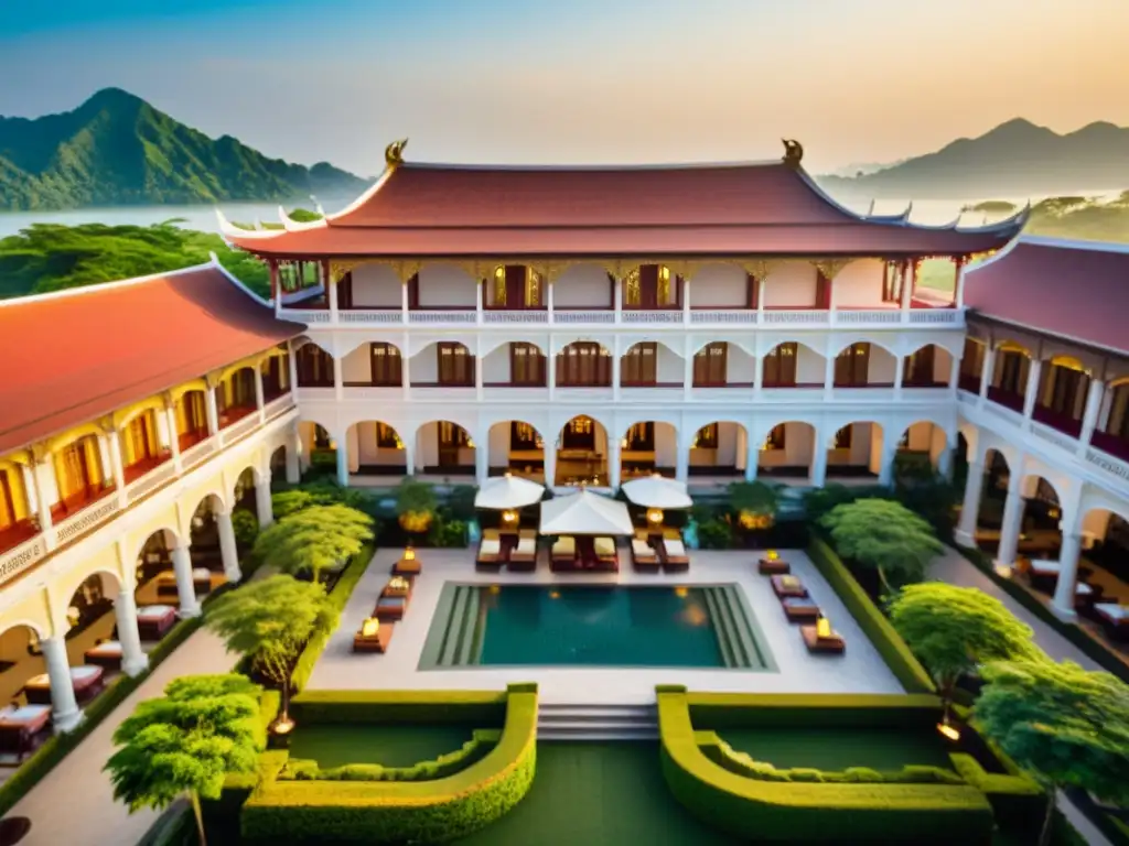 Un hotel histórico de lujo en Asia con arquitectura impresionante y entorno exuberante al atardecer