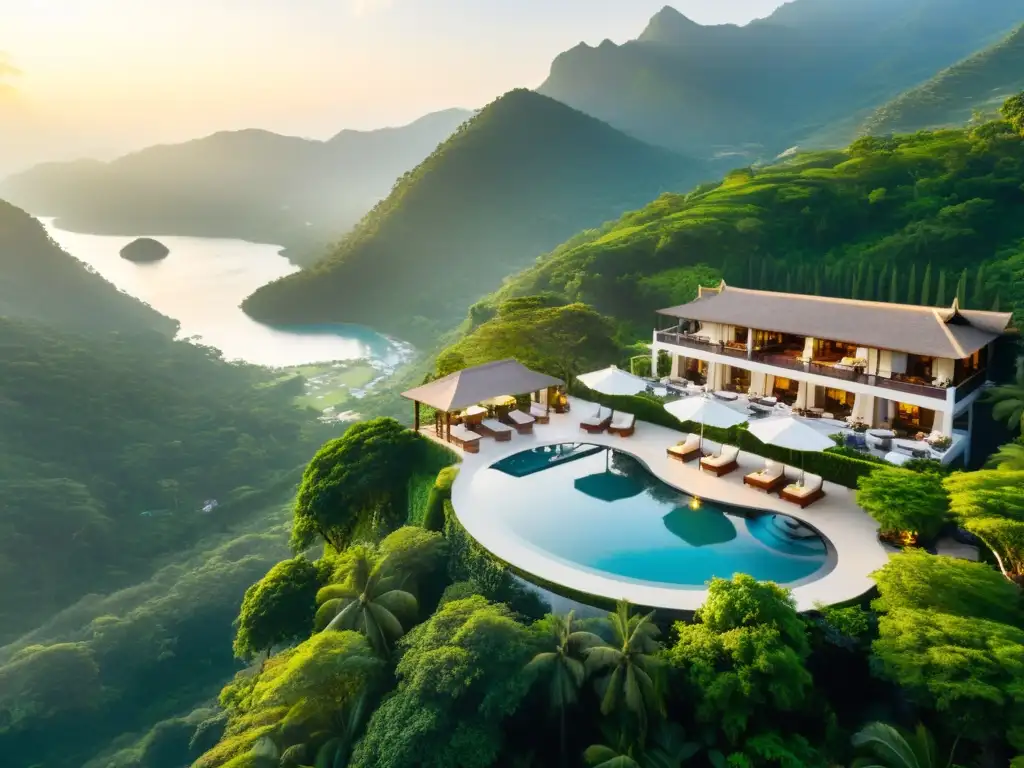 Hotel de lujo accesible en Asia, con piscina infinita y montañas al atardecer