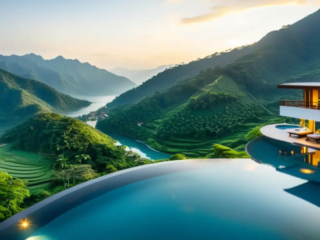 Hotel de lujo en Asia con piscina infinita y montañas verdes al atardecer, ideal para viajes de lujo en Asia