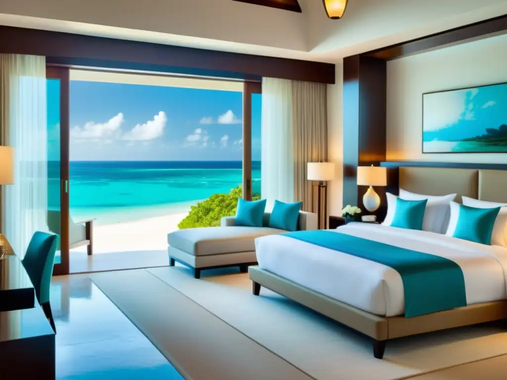 Habitación de hotel de lujo con vista al mar en el sudeste asiático, con playa de arena blanca y aguas turquesas cristalinas