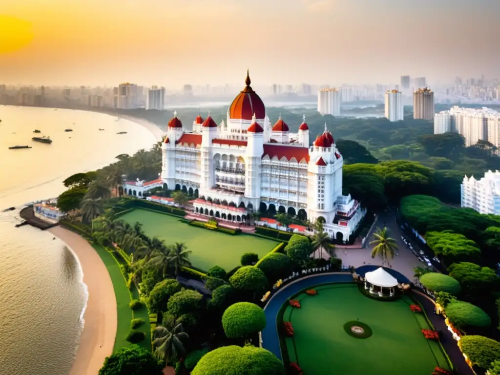 Los hoteles de lujo en Mumbai: vista aérea impresionante de los icónicos Taj Mahal Palace y The Oberoi, destacando su opulencia al atardecer