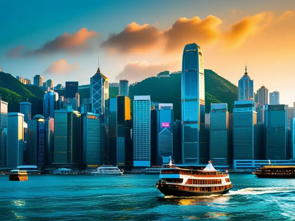 Hoteles de lujo con vistas Hong Kong: la icónica ciudad se ilumina al atardecer, con rascacielos modernos y juncos tradicionales en el puerto