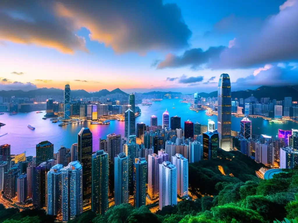 Hoteles de lujo con vistas en Hong Kong: atardecer sobre el impresionante skyline urbano y el bullicioso puerto de la ciudad