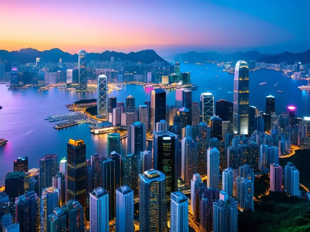 Hoteles de lujo con vistas en Hong Kong: atardecer vibrante sobre los rascacielos y el bullicioso puerto, creando una estampa urbana impactante