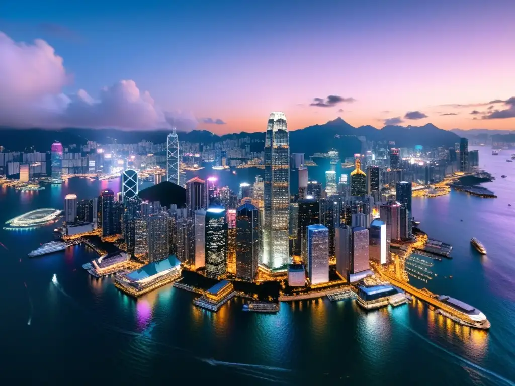 Hoteles de lujo con vistas Hong Kong: impresionante vista aérea del deslumbrante skyline de Hong Kong de noche, con las luces de la ciudad reflejándose en las serenas aguas de Victoria Harbour