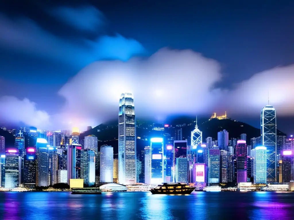 Hoteles de lujo con vistas en Hong Kong: impresionante panorama nocturno de la ciudad, con sus icónicos rascacielos iluminados reflejados en el puerto