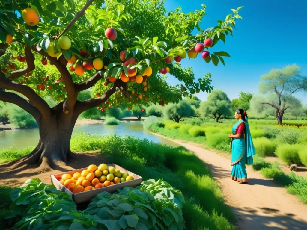 Un huerto sereno y soleado con árboles frutales vibrantes y frutos maduros