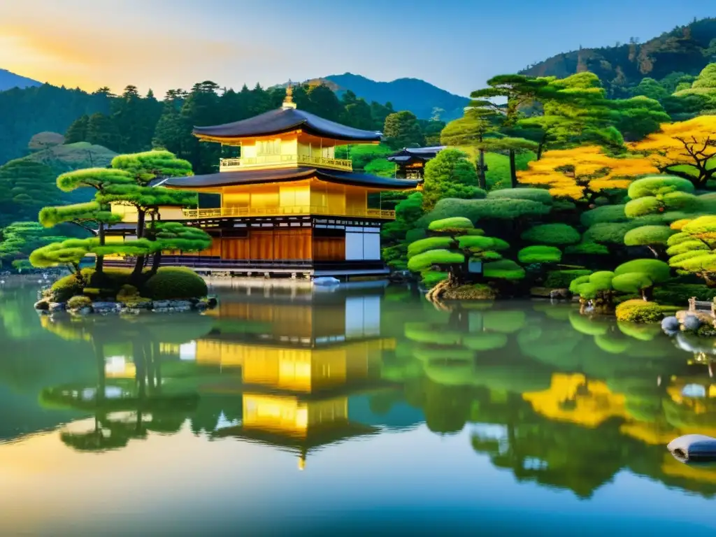 El icónico templo dorado Kinkakuji en Kyoto, Japón, reflejado en aguas serenas