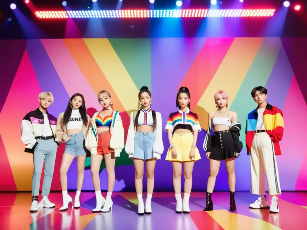 Representación LGBTQ+ en KPop: KPop idols en el escenario con diversidad de género, atuendos vanguardistas y la bandera del orgullo al fondo