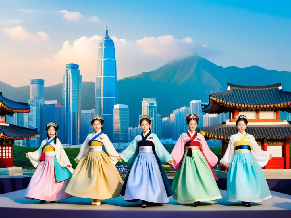 KPop idols en hanbok fusionando tradición y modernidad en un escenario, reflejando la sociedad coreana