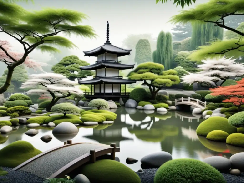 Una ilustración detallada en blanco y negro de un sereno jardín japonés con bambú, árboles de cerezo y una pagoda