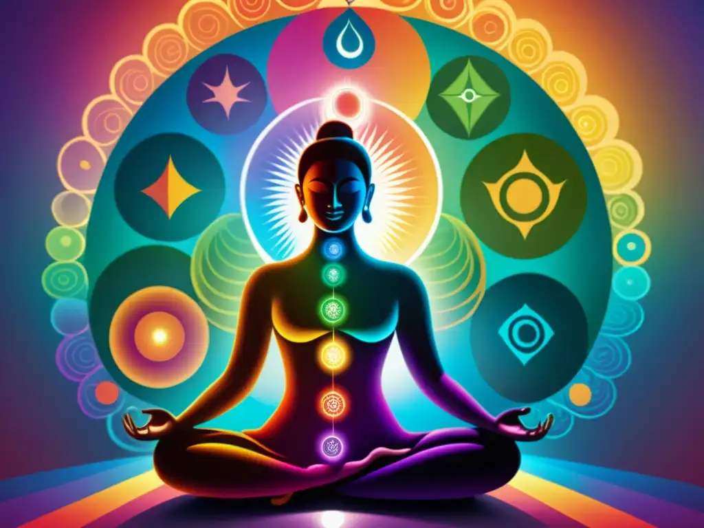 Una ilustración detallada de una persona meditando con los siete chakras alineados, vibrantes y en equilibrio