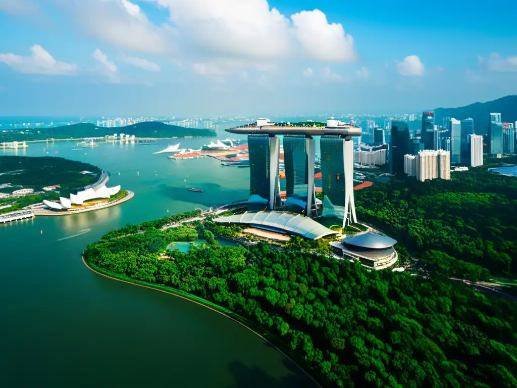 Imagen aérea impresionante de Singapur, con rascacielos ecológicos y responsabilidad ambiental, reflejando modernidad y naturaleza en armonía