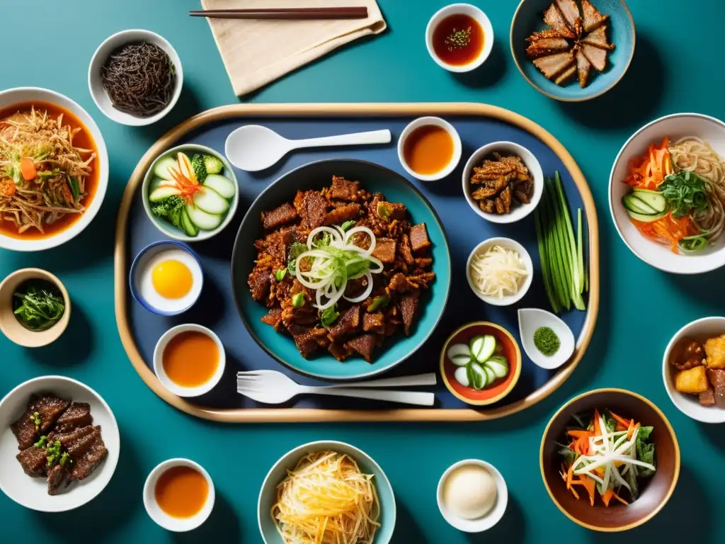 Imagen aérea de mesa de banquete coreano tradicional con coloridos platos como kimchi, bulgogi y japchae, mostrando la rica historia culinaria coreana
