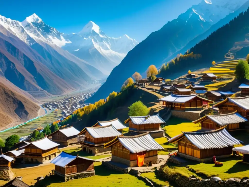 Imagen de aldea Himalaya con tradiciones ancestrales, casas de madera y banderas de oración ondeando entre montañas nevadas al amanecer