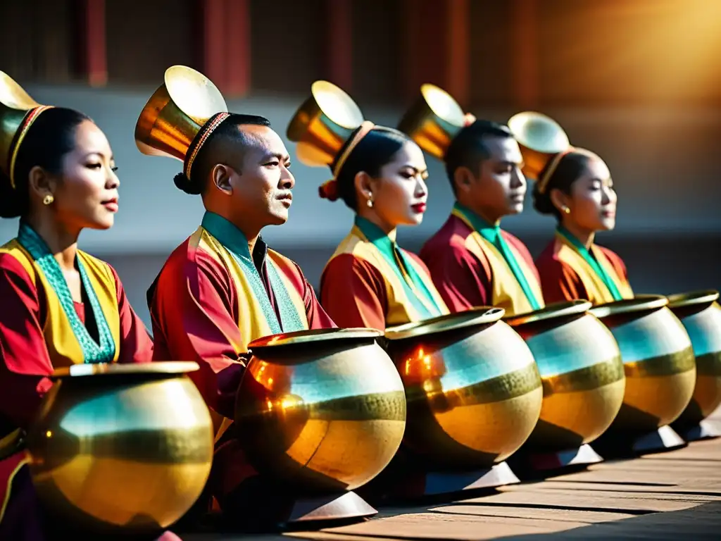 Una imagen de alta resolución estilo documental de una orquesta gamelán tradicional de Indonesia tocando durante una vibrante ceremonia cultural