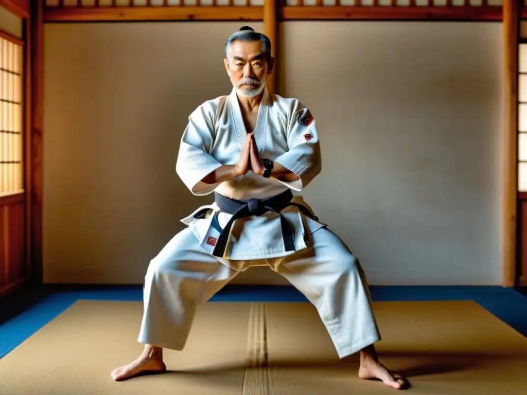 Imagen de alta resolución estilo documental de Jigoro Kano, fundador del judo, demostrando una técnica en un dojo japonés tradicional