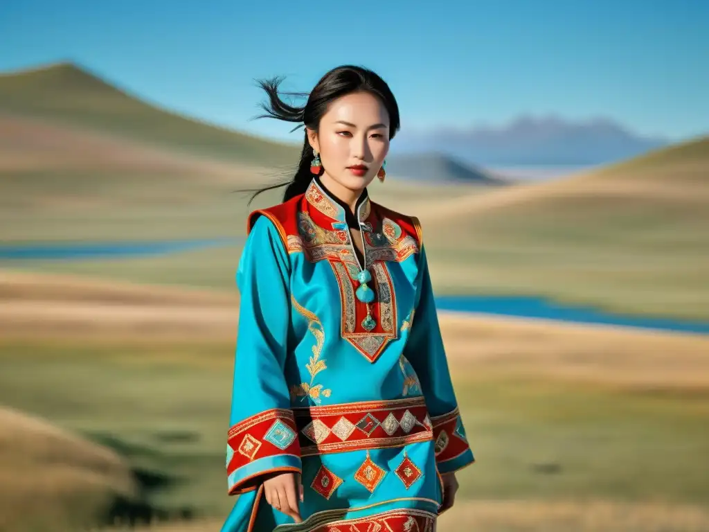 Imagen en alta resolución de una mujer mongola con un deel bordado tradicional, en la vasta estepa con colinas y cielo azul de fondo