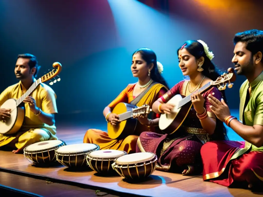 Imagen de alto detalle de una actuación musical tradicional india, con músicos tocando instrumentos como el sitar, tabla y flauta