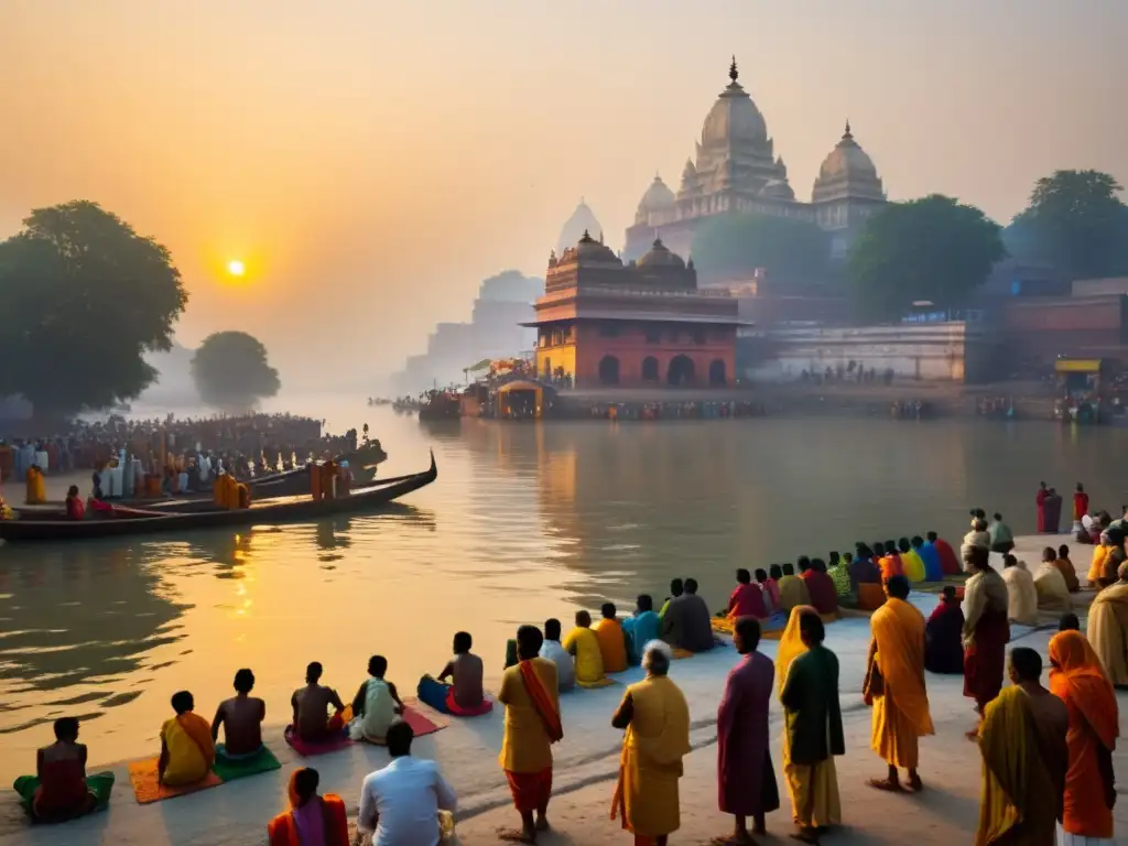 Imagen de un amanecer brumoso sobre el río Ganges, con luz dorada reflejada en el agua y personas reunidas en los bancos para rituales matutinos