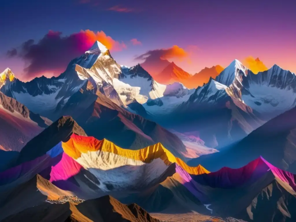 Imagen de un amanecer en el Himalaya, con montañas envueltas en niebla y tonos vibrantes en el cielo