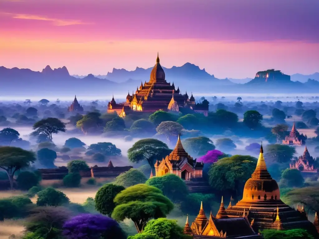 Imagen del amanecer sobre los templos antiguos de Bagan, Myanmar, con celebraciones auténticas en Asia