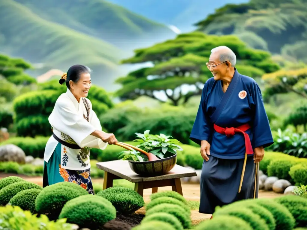 Imagen de ancianos Okinawan disfrutando de actividades tradicionales, reflejando la vitalidad y sabiduría en la longevidad de la dieta Okinawa