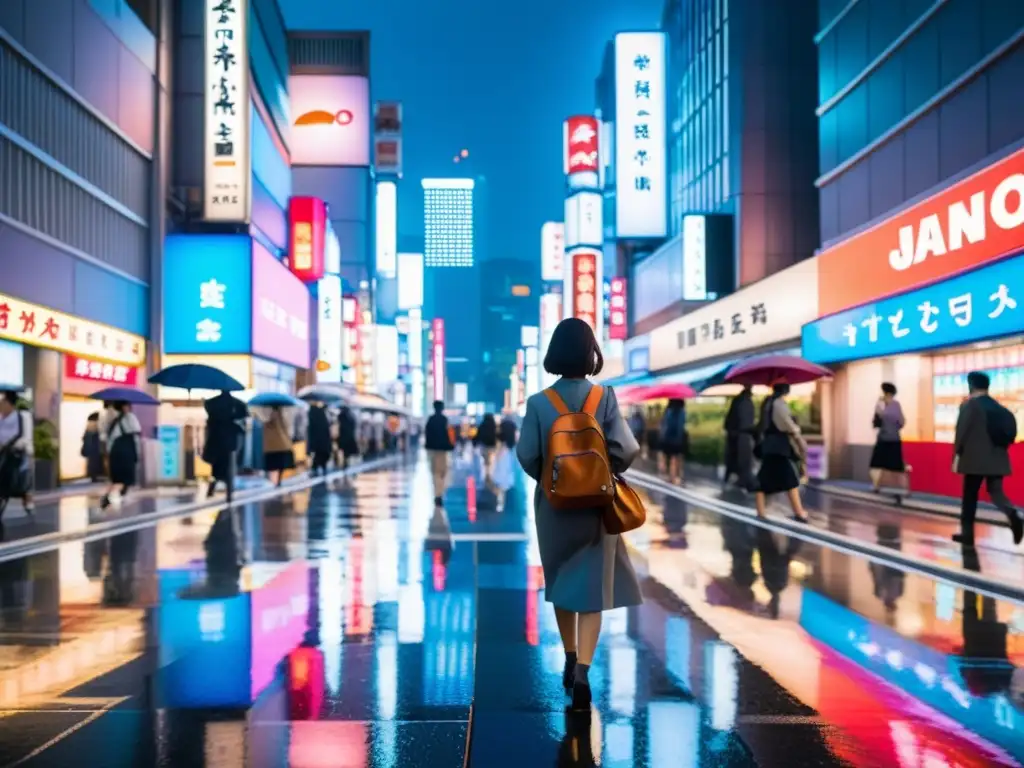 Una imagen de la animada vida urbana en Japón, con luces de neón reflejadas en el pavimento mojado por la lluvia