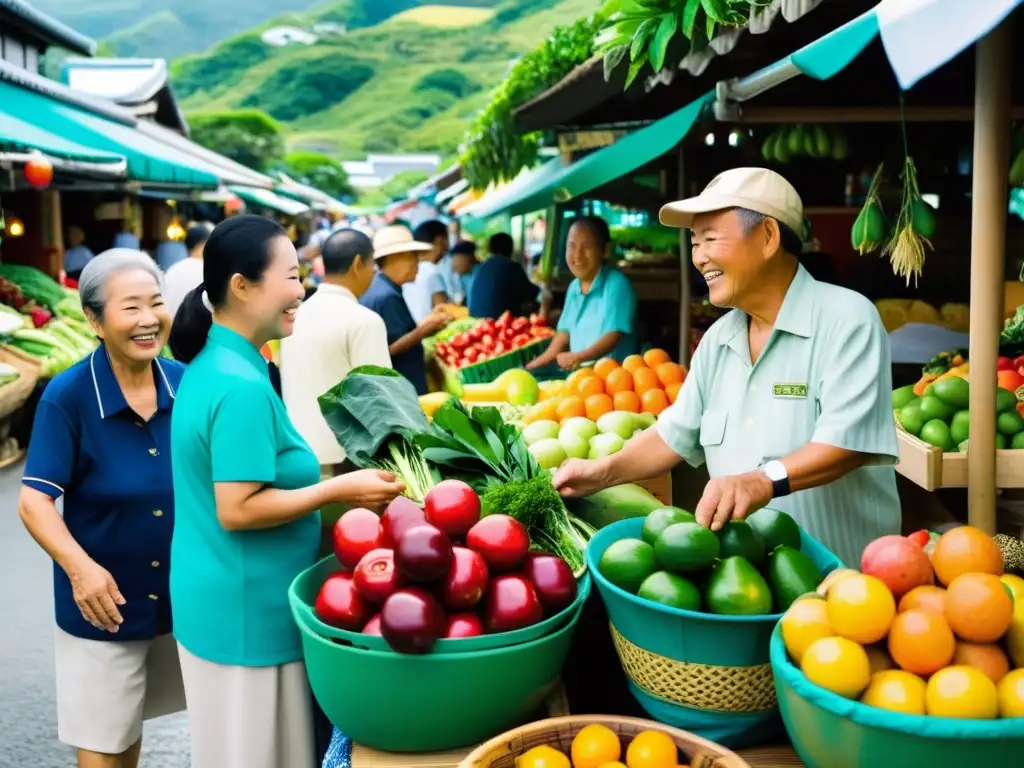 Imagen de un animado mercado tradicional en Okinawa, con vendedores y clientes seleccionando frutas y verduras vibrantes